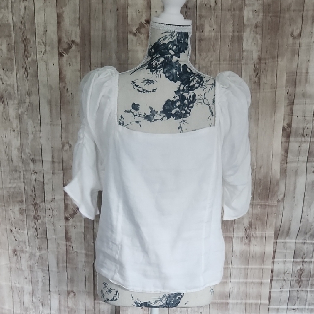 RACHEL ZOE Size XL MSRP $98.00 Rouch Sleeve 100% European Flax Linen SmockBlouse